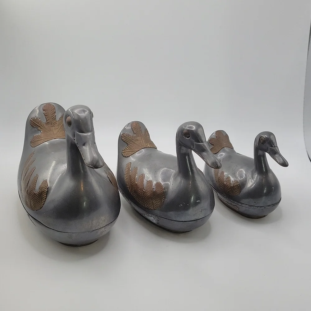 Vintage Chinese Pewter & Brass Overlay Duck Trinket boxes set of 3